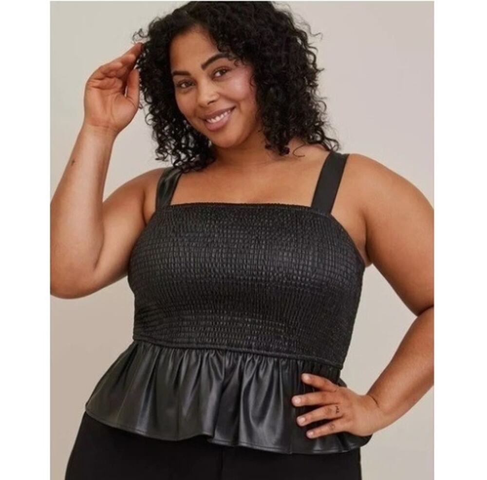 Torrid Smocked Peplum Top Womens Plus Size 2X Black Faux Leather Square Neck